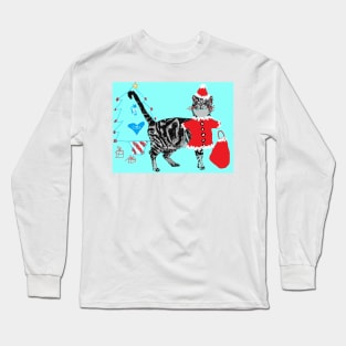 Santa Paws Tabby Cat Christmas Drawing Aqua Blue Long Sleeve T-Shirt